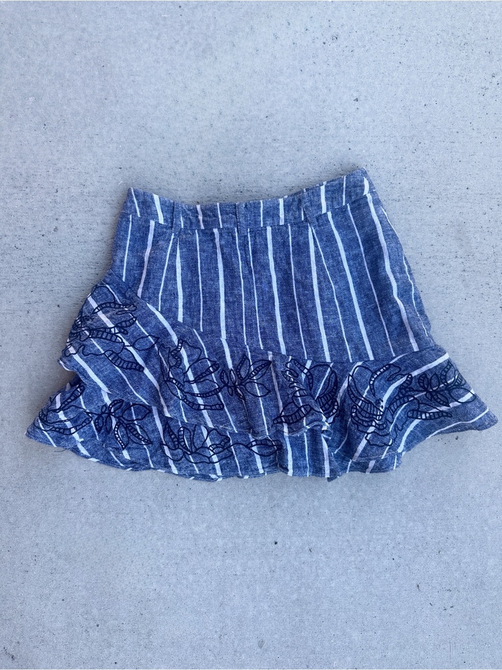 Parker Zoro Navy and White Striped Mini Skirt with Embroidered Ruffle